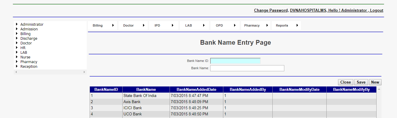 DVNA Hospital Management Software Bank Name Entry Page